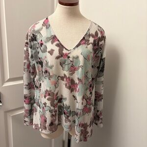 Floral V-Neck Asymmetrical Hem Blouse with Slight Shimmer